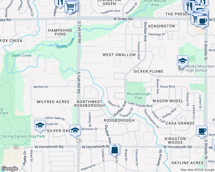 map of restaurants, bars, coffee shops, grocery stores, and more near 1812 Effingham Street in Fort Collins