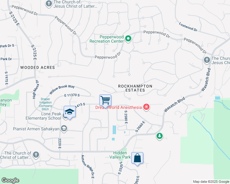 map of restaurants, bars, coffee shops, grocery stores, and more near 46 East Lone Hollow Drive in Sandy