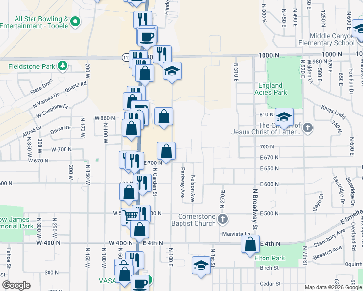 map of restaurants, bars, coffee shops, grocery stores, and more near 135 East 730 North in Tooele