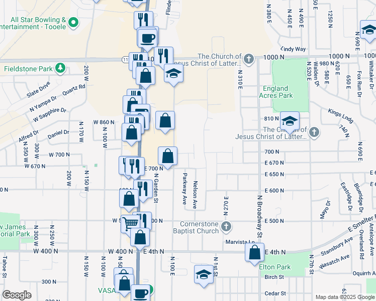 map of restaurants, bars, coffee shops, grocery stores, and more near 151 East 730 North in Tooele