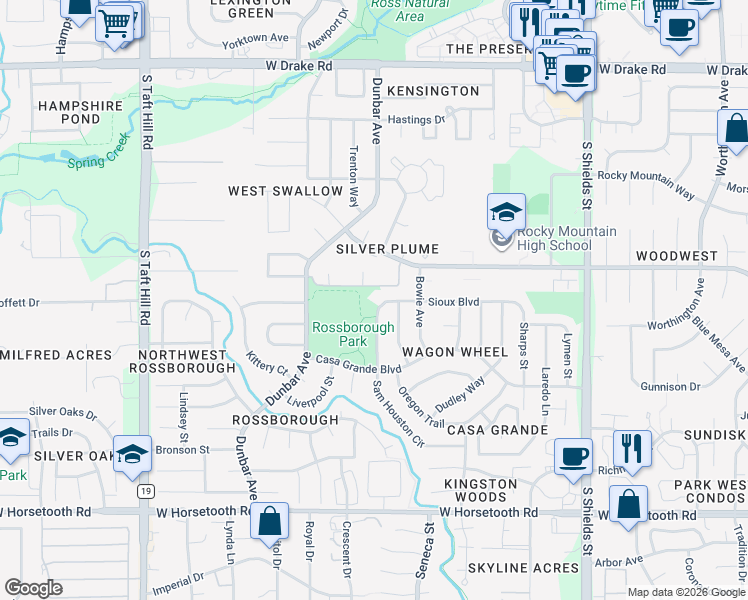 map of restaurants, bars, coffee shops, grocery stores, and more near 1524 Sam Houston Circle in Fort Collins