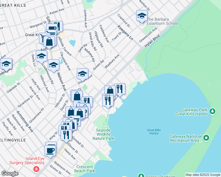 map of restaurants, bars, coffee shops, grocery stores, and more near 305 Hillside Terrace in Staten Island