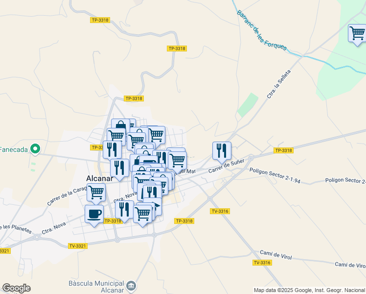 map of restaurants, bars, coffee shops, grocery stores, and more near 8 Carretera del Mirador in Alcanar