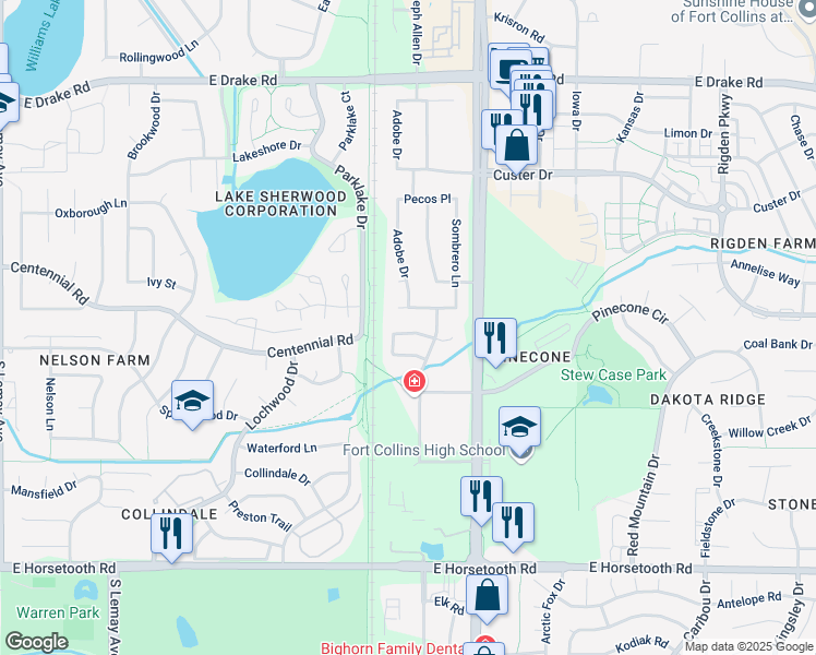 map of restaurants, bars, coffee shops, grocery stores, and more near 1924 Connecticut Drive in Fort Collins