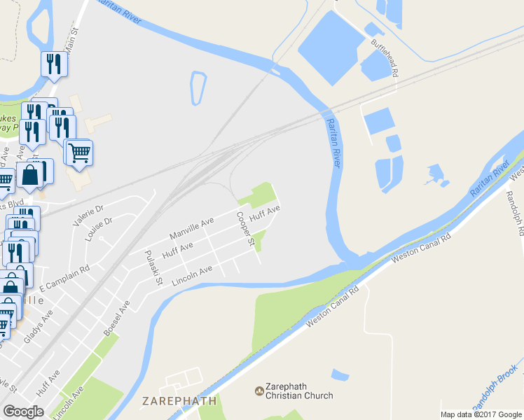 map of restaurants, bars, coffee shops, grocery stores, and more near 1027 Huff Avenue in Manville