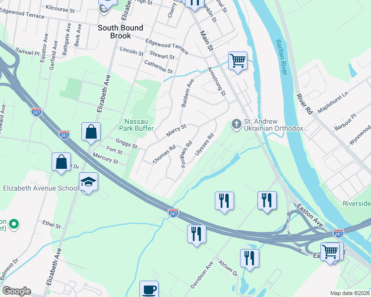 map of restaurants, bars, coffee shops, grocery stores, and more near 16 Fordham Road in Franklin Township