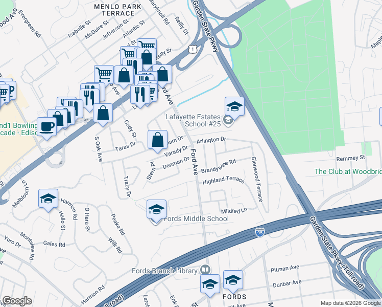 map of restaurants, bars, coffee shops, grocery stores, and more near 457 Ford Avenue in Woodbridge Township