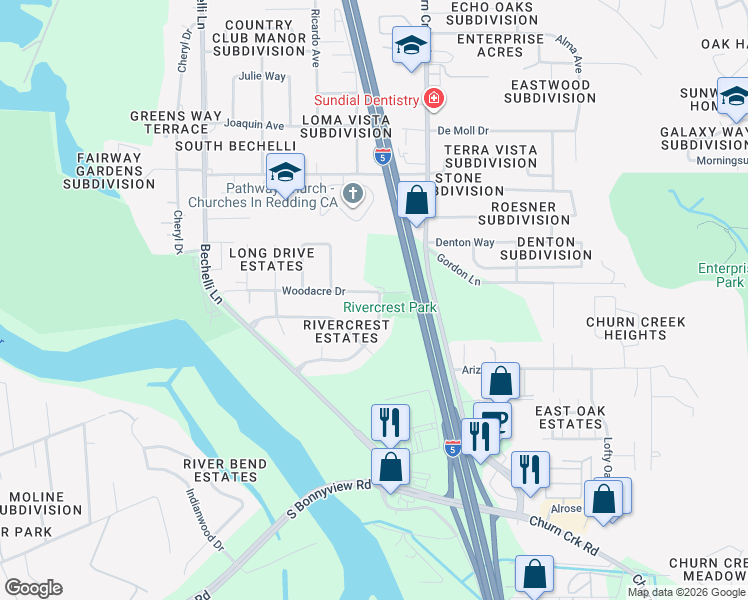 map of restaurants, bars, coffee shops, grocery stores, and more near 4322 Chinook Drive in Redding
