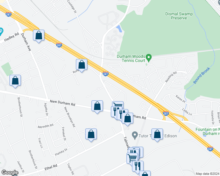 map of restaurants, bars, coffee shops, grocery stores, and more near 3 Waterford Drive in Edison