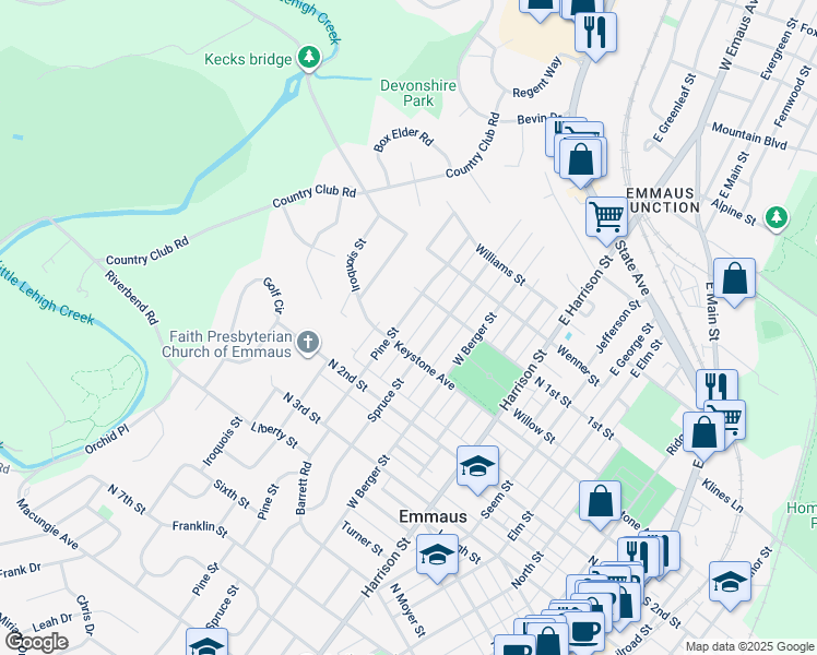 map of restaurants, bars, coffee shops, grocery stores, and more near 144 Pine Street in Emmaus