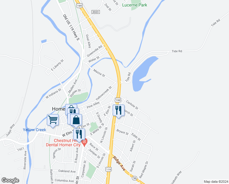 map of restaurants, bars, coffee shops, grocery stores, and more near 355 East Elm Street in Homer City