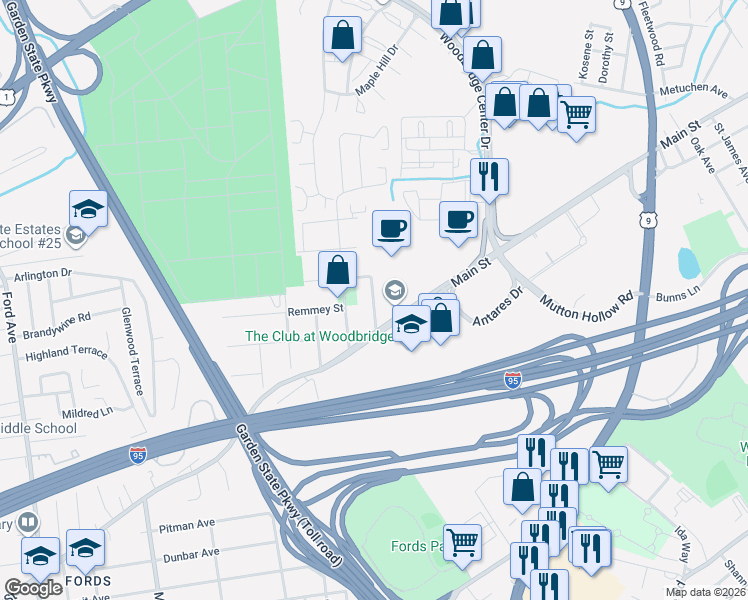 map of restaurants, bars, coffee shops, grocery stores, and more near 35 Thompson Avenue in Woodbridge Township