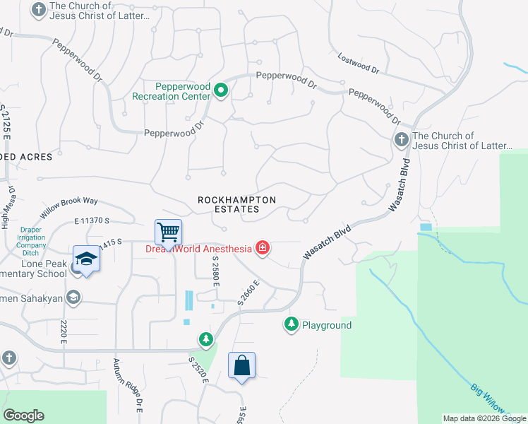 map of restaurants, bars, coffee shops, grocery stores, and more near 16 Snow Forest Lane in Sandy