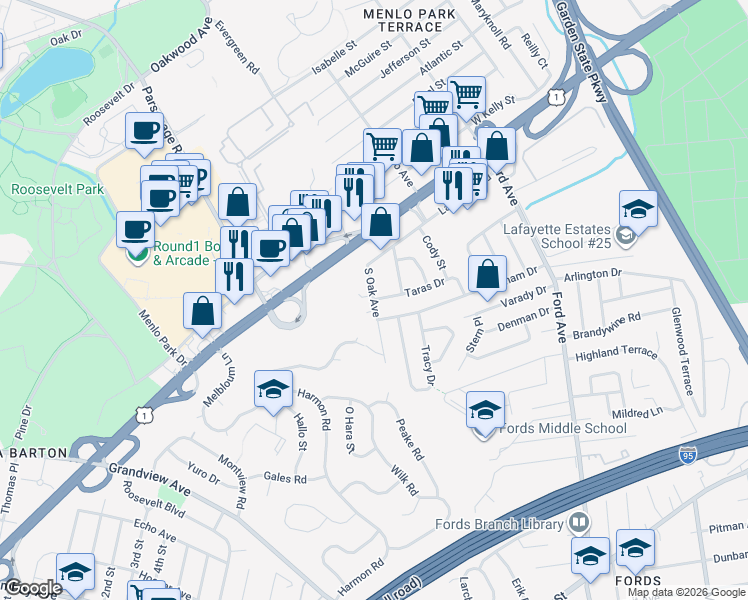 map of restaurants, bars, coffee shops, grocery stores, and more near 37 South Oak Avenue in Woodbridge Township