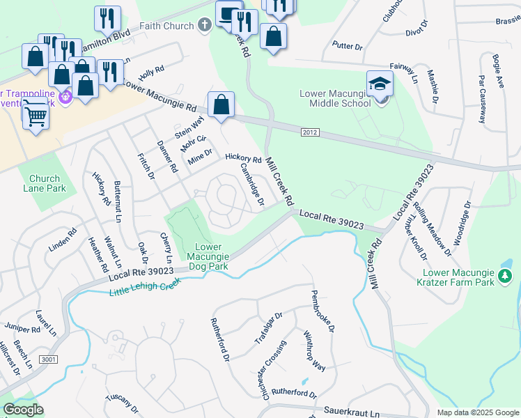 map of restaurants, bars, coffee shops, grocery stores, and more near 1620 Cambridge Drive in Macungie