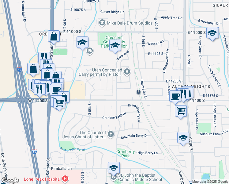 map of restaurants, bars, coffee shops, grocery stores, and more near 11367 South 285 East in Sandy