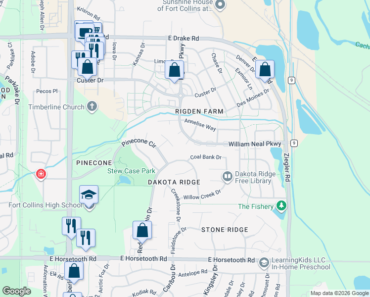 map of restaurants, bars, coffee shops, grocery stores, and more near 2712 Coal Bank Drive in Fort Collins
