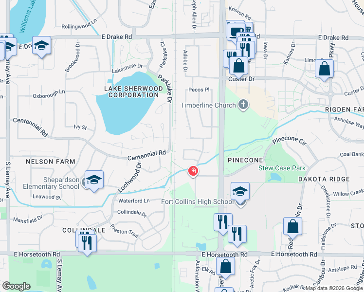 map of restaurants, bars, coffee shops, grocery stores, and more near 1924 Connecticut Drive in Fort Collins