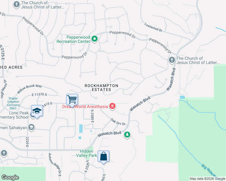 map of restaurants, bars, coffee shops, grocery stores, and more near 11000 Wasatch Boulevard in Sandy