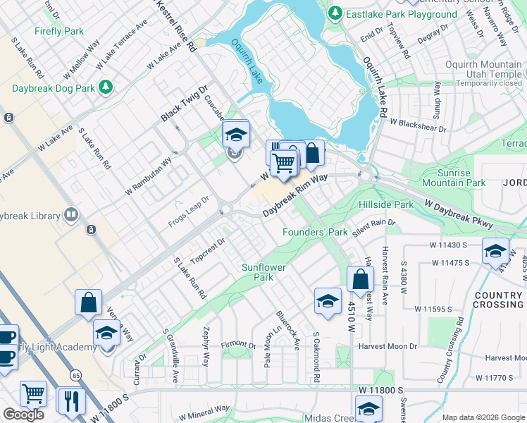 map of restaurants, bars, coffee shops, grocery stores, and more near 4723 Daybreak Rim Way in South Jordan