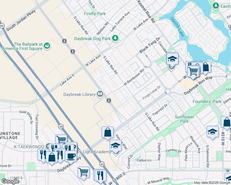 map of restaurants, bars, coffee shops, grocery stores, and more near 11383 Grandville Avenue in South Jordan