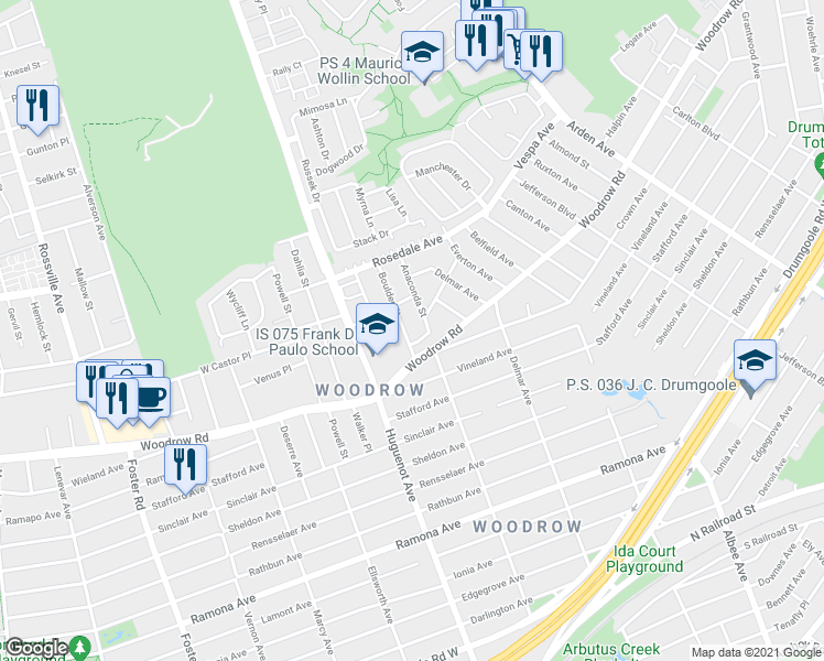 map of restaurants, bars, coffee shops, grocery stores, and more near 41 Boulder Street in Staten Island