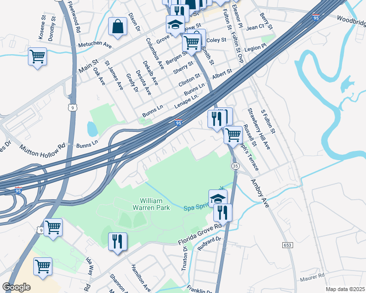 map of restaurants, bars, coffee shops, grocery stores, and more near 319 Cricket Lane in Woodbridge Township