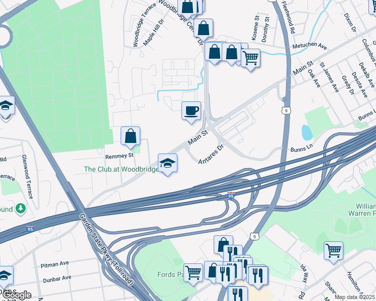 map of restaurants, bars, coffee shops, grocery stores, and more near in Woodbridge Township