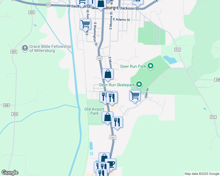 map of restaurants, bars, coffee shops, grocery stores, and more near 39 Logsdon Avenue in Millersburg