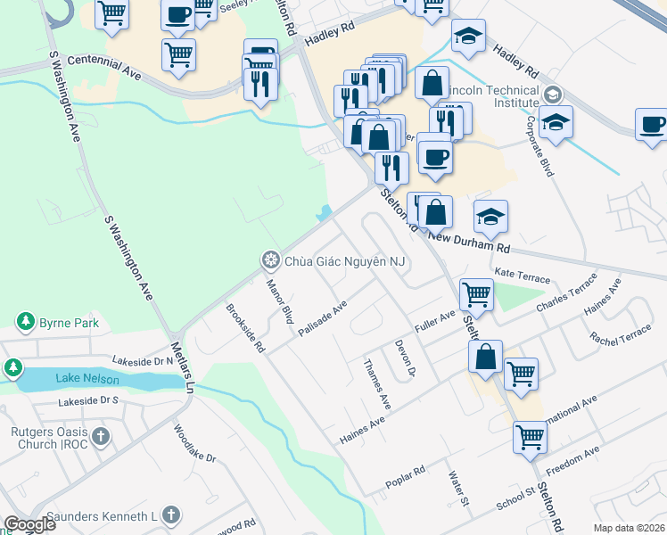 map of restaurants, bars, coffee shops, grocery stores, and more near 10 Concord Avenue in Piscataway