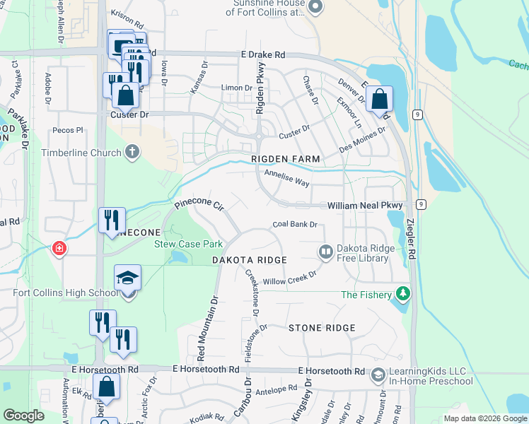map of restaurants, bars, coffee shops, grocery stores, and more near 2712 Coal Bank Drive in Fort Collins