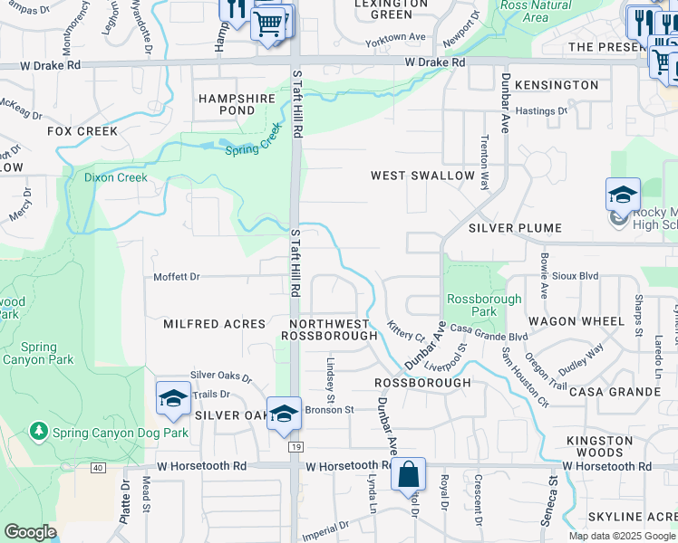 map of restaurants, bars, coffee shops, grocery stores, and more near 3124 Birmingham Drive in Fort Collins