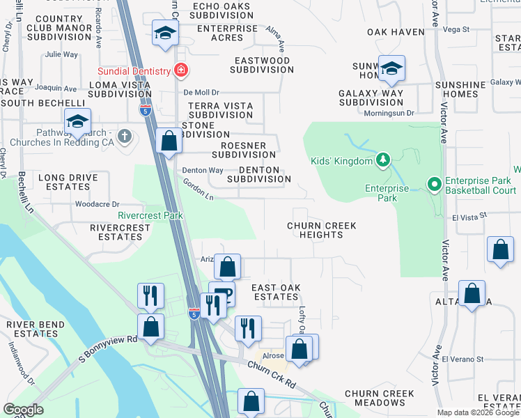 map of restaurants, bars, coffee shops, grocery stores, and more near 4310 Cynthia Way in Redding
