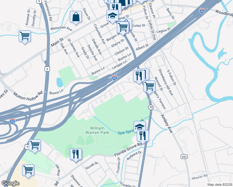 map of restaurants, bars, coffee shops, grocery stores, and more near 319 Cricket Lane in Woodbridge Township
