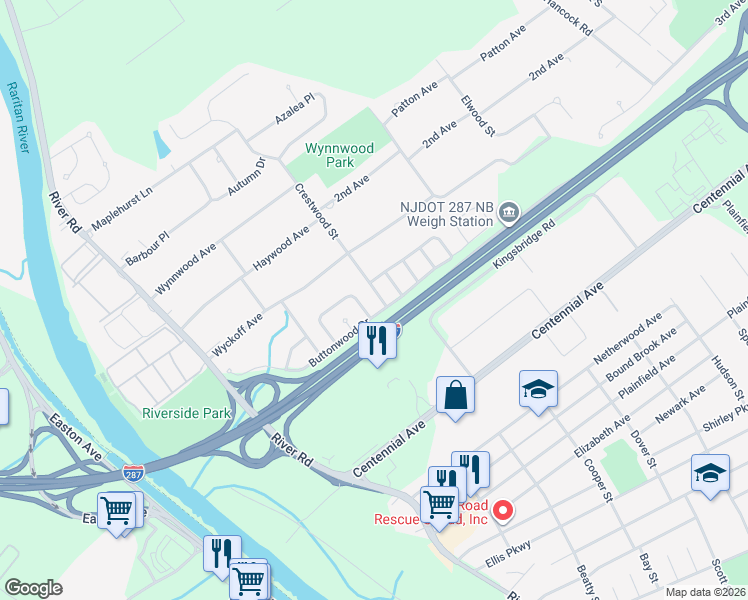 map of restaurants, bars, coffee shops, grocery stores, and more near 75 Buttonwood Drive in Piscataway