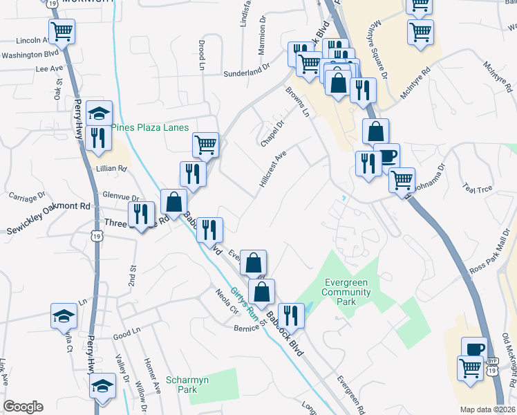 map of restaurants, bars, coffee shops, grocery stores, and more near 301 Hillcrest Avenue in Pittsburgh