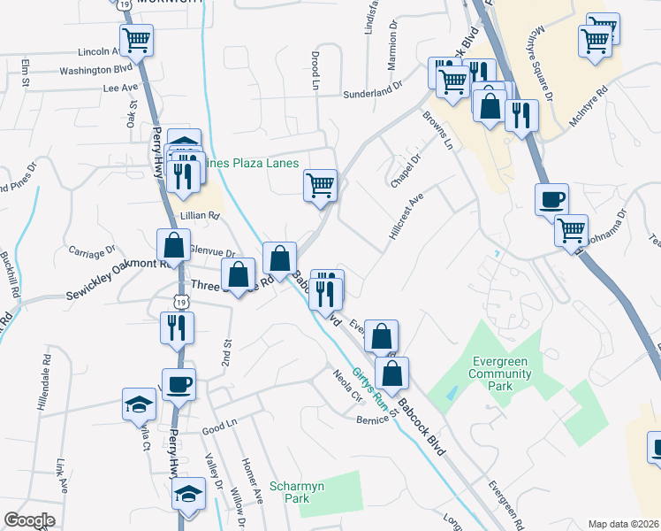 map of restaurants, bars, coffee shops, grocery stores, and more near 293 Hillcrest Circle in Pittsburgh