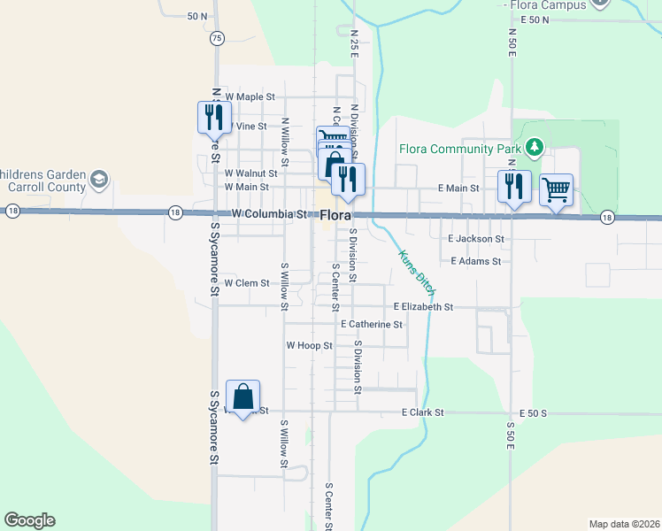 map of restaurants, bars, coffee shops, grocery stores, and more near 307 South Center Street in Flora