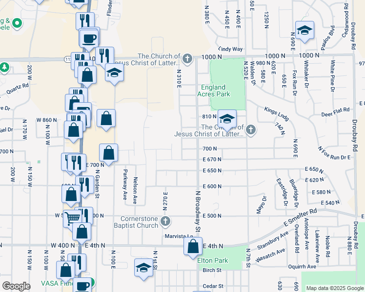 map of restaurants, bars, coffee shops, grocery stores, and more near 201 East 700 North in Tooele