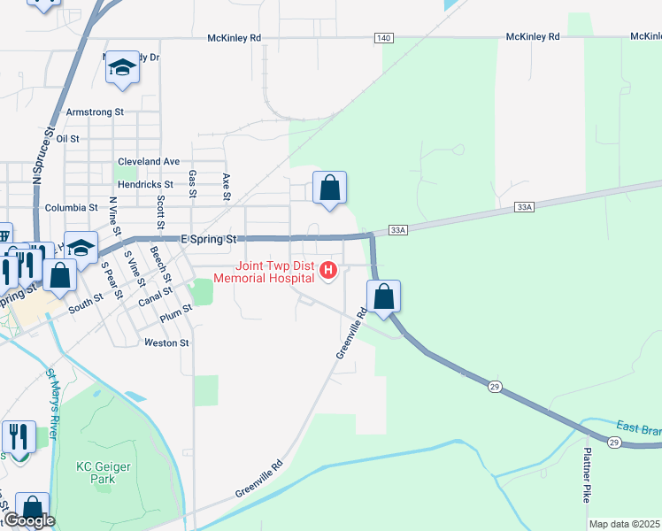 map of restaurants, bars, coffee shops, grocery stores, and more near 1175 Hager Street in Saint Marys