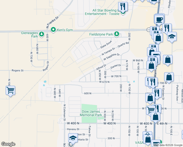 map of restaurants, bars, coffee shops, grocery stores, and more near 718 North 410 West in Tooele