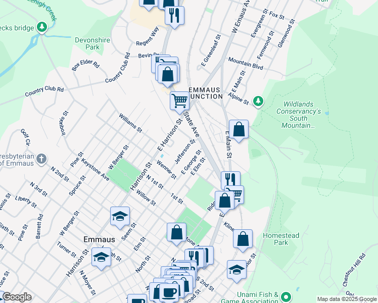 map of restaurants, bars, coffee shops, grocery stores, and more near 164 Jefferson Street in Emmaus