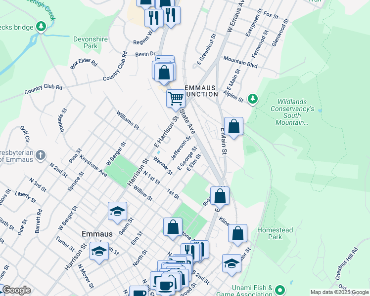 map of restaurants, bars, coffee shops, grocery stores, and more near 164 Jefferson St in Emmaus