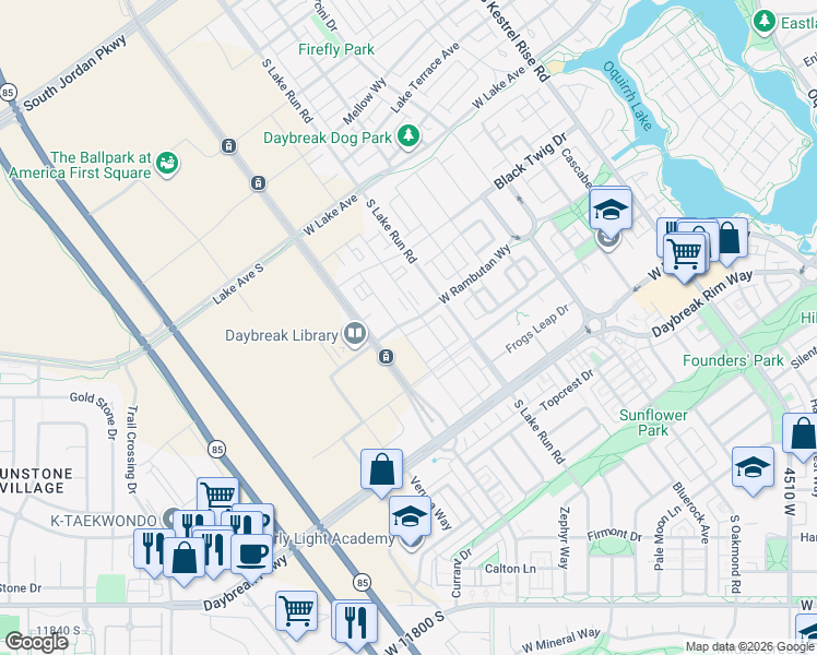 map of restaurants, bars, coffee shops, grocery stores, and more near 11383 Grandville Avenue in South Jordan
