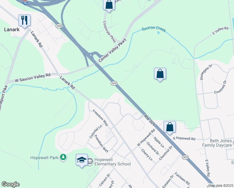 map of restaurants, bars, coffee shops, grocery stores, and more near 4362 Pennsylvania 309 in Lehigh County