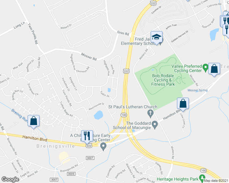 map of restaurants, bars, coffee shops, grocery stores, and more near 815 King Way in Breinigsville