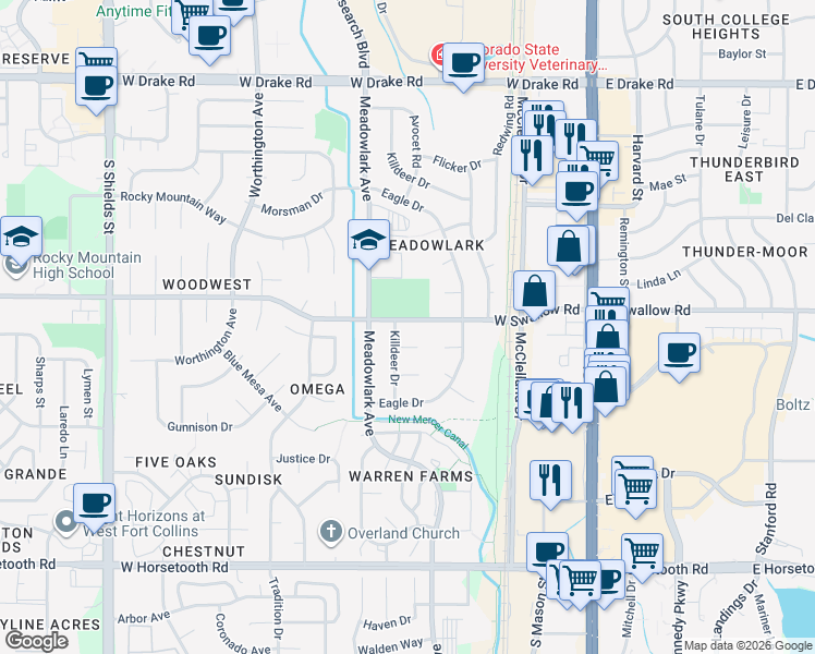 map of restaurants, bars, coffee shops, grocery stores, and more near 412 Bobolink Court in Fort Collins
