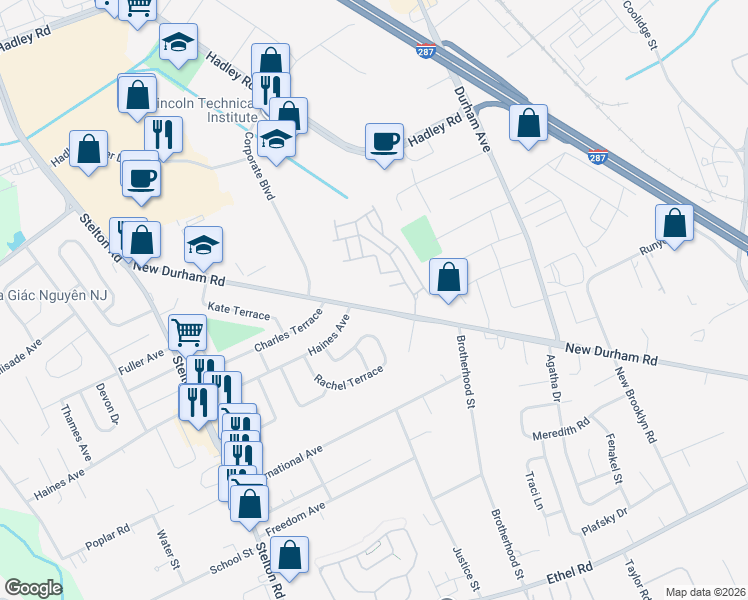 map of restaurants, bars, coffee shops, grocery stores, and more near 1626 New Durham Road in South Plainfield