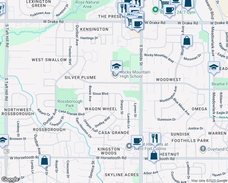 map of restaurants, bars, coffee shops, grocery stores, and more near 3100 Crockett Street in Fort Collins