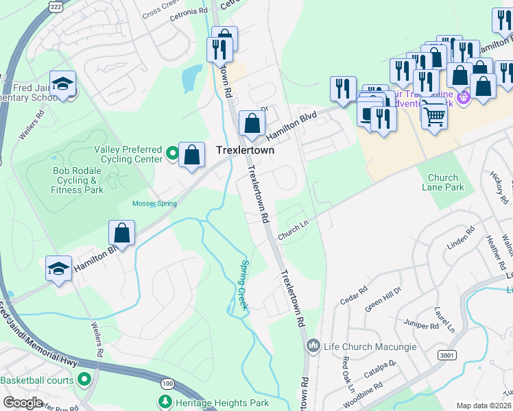 map of restaurants, bars, coffee shops, grocery stores, and more near 1229 Trexlertown Road in Trexlertown